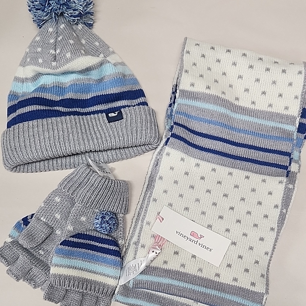 Vineyard Vines Kids Blue and Gray Winter Hat, Scarf, and Gloves Set